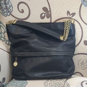 Women's Ivanka Trump Black Leather Shoulder Bag with Gold Chain Accents